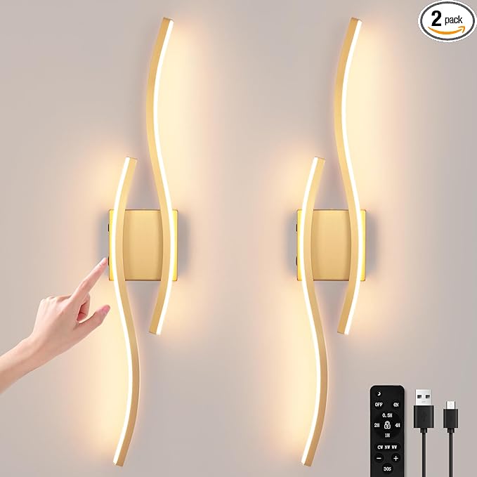 Modern LED Wall Sconce Set of Two, Battery Powered Wall Sconces Set of 2 with Timer, Gold Wall Light with Remote, LED Wall Lamp Indoor not Hardwired for Bathroom Living Room Bedroom Corridor