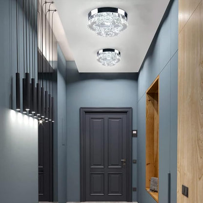 Mini Chandelier LED Crystal Ceiling Light 2 Layers Round Flush Mount Ceiling Light Modern Chandelier Lighting for Hallway Staircase Kitchen Bathroom （Dimmable）