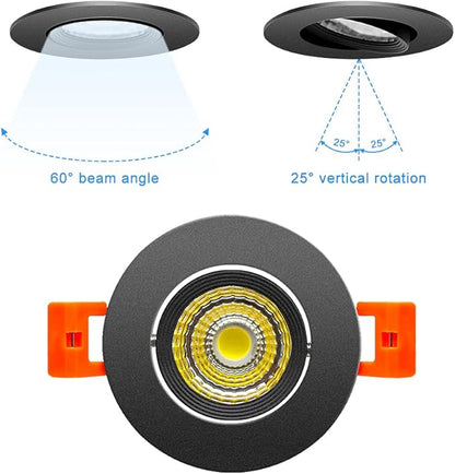 2Inch LED Recessed Ceiling Light, 3W Dimmable LED Downlight, 60 Beam Angle COB Recessed Lights with Driver, Daylight White 5500K, 25W Halogen Bulbs Equivalent for Ceiling Lighting, 10Pack