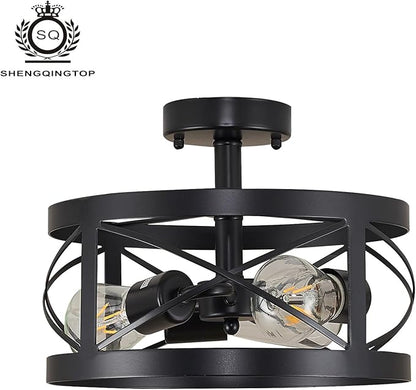 Rustic Industrial 3-Light Semi-Flush Mount Ceiling Light 13" Matte Black Round Lighting Fixtures for Kitchen Island Dining Room Bedroom Farmhouse Foyer Hallway Front Door