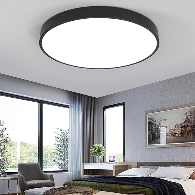 LED Modern Round Recessed Ceiling Light, 20 Inch, 36W 3000K-6000K Dimmable, Black Close to Ceiling Lighting for Living Room & Bedroom