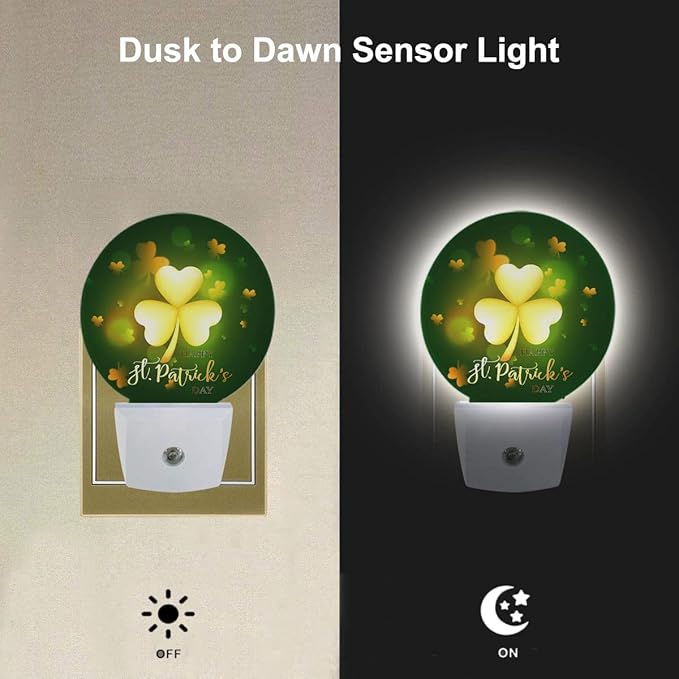 EKOBLA St. Patrick's Day Plug-in Night Light, Glitter Golden Clover Leaf LED Nightlight with Auto Sensor for Home Decor