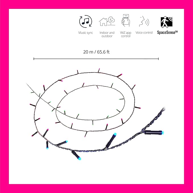 WiZ Connected Fairy Lights, 65.6ft RGB LED Smart Color-Changing, Static and Dynamic Modes, Music Sync, App and Voice Control