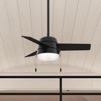 Hunter 36 inch Small Indoor Ceiling Fan with LED Light and Pull Chain - Modern Ceiling Fan, Standard Mount, 3 Blades, For Bedroom, Home Office, or Laundry Room, Quiet - Aker 59302, Matte Black