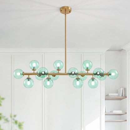 Mid Century Modern Gold Chandelier with Green Glass Rectangle Pendant Fixtures Linear Sputnik Chandeliers for Kitchen Island Dining Room Over Table