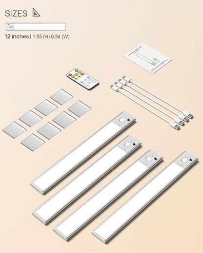 12inch Under Cabinet Lighting with Remote, 2500mAh Rechargeable Motion Sensor Light Indoor, LED Closet Lights with Timer, Dimmable, Magnetic, 3 Color Temps Wireless for Kitchen, Pantry, Stair, 4 Pack
