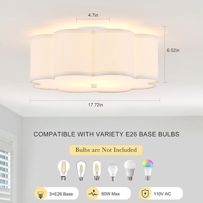 Modern Drum Semi Flush Mount Ceiling Light 3-Lights Modern 17.71" White Drum Ceiling Lighting Fixture Vintage Modern Linen Ceiling Lamp for Kitchen, Basement, Bedroom, Laundry Room