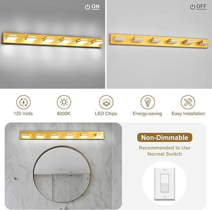 LED Modern Bathroom Light Fixtures, 6-Light 48-Inch Gold Vanity Lights for Bathroom Lighting Fixtures Over Mirror, 6000K Cool White 350° Rotatable Wall Lamp