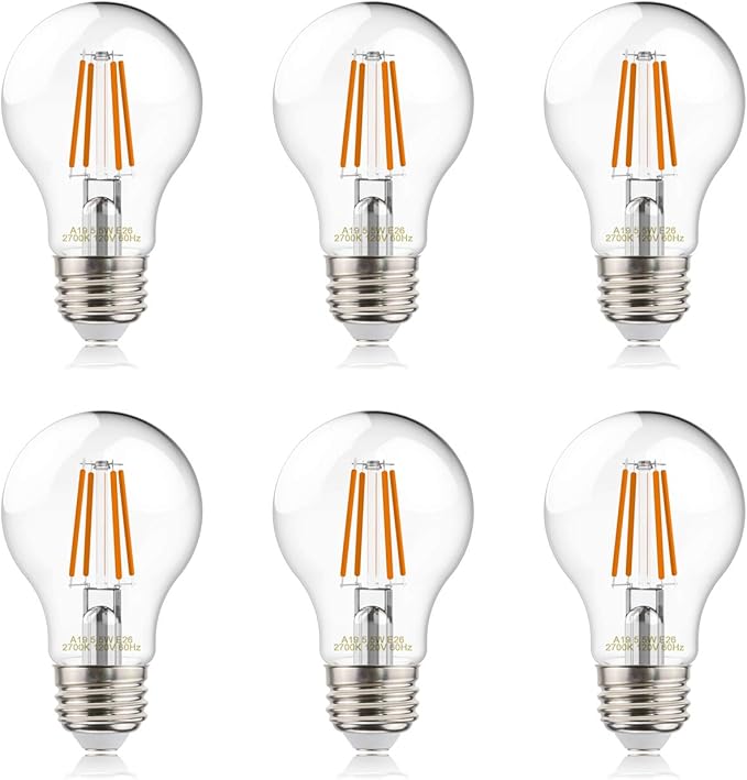 helloify A19 LED Filament Bulbs, 60W Equivalent, Edison Vintage Dimmable Energy Efficient Lamp for Pendant Wall Light Fixtures Office Bedroom Bathroom, E26 Base, 2700K Warm White Light, 6PCS