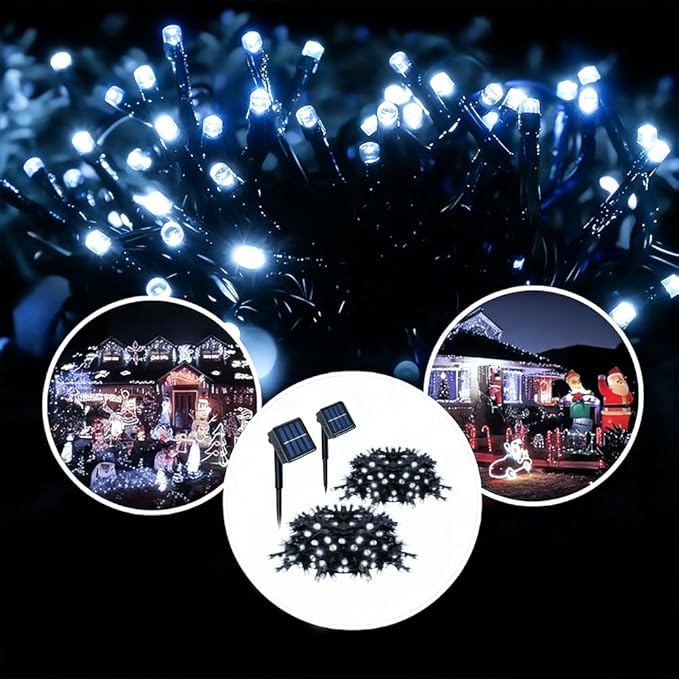 2 Pack Solar String Lights Outdoor, Total 100 LED Each 20Ft with 8 Lighting Modes for Yard, Fence,Balcony, Party,Christmas Tree Decorations (Cold White Light)