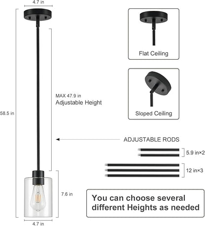 Modern Farmhouse Black Pendant Lights, Mini Hanging Light Fixture with Clear Glass Shade, Adjustable Rods for Kitchen Island, Sink, Bar (1 Pack)