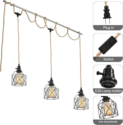 3-Light Hanging Light with Plug in Cord,Plug in Pendant Light Hemp Rope Pendant Lighting Vintage 3-Light Hanging Lamp Fixtures for Kitchen Island Living Room Bedroom