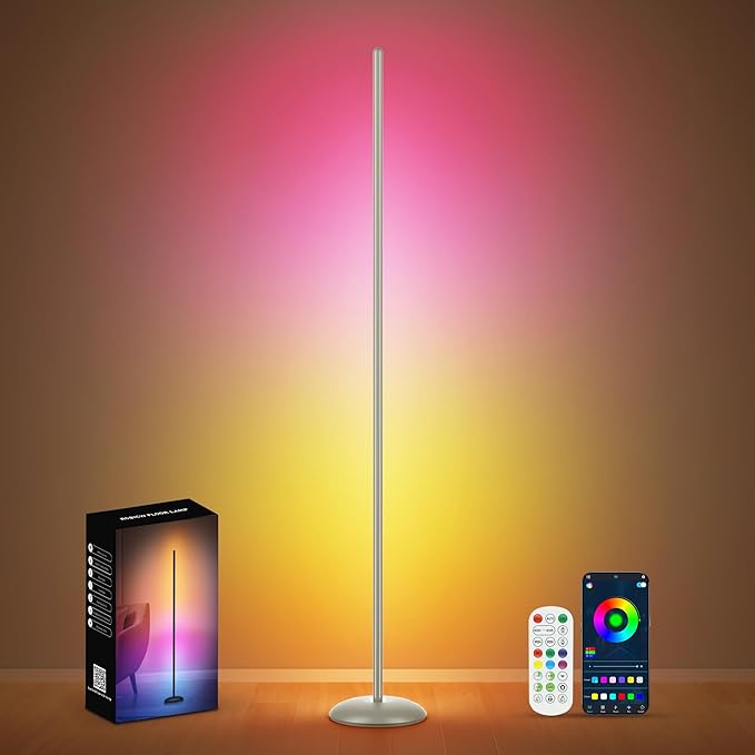 Corner Floor Lamp RGB, Smart LED Corner Lamp with APP & Remote Control, Floor Lamp Dimmable with 16 Million Colors, Music Sync, Standing Lamps for Living Room, Bedroom - Silver