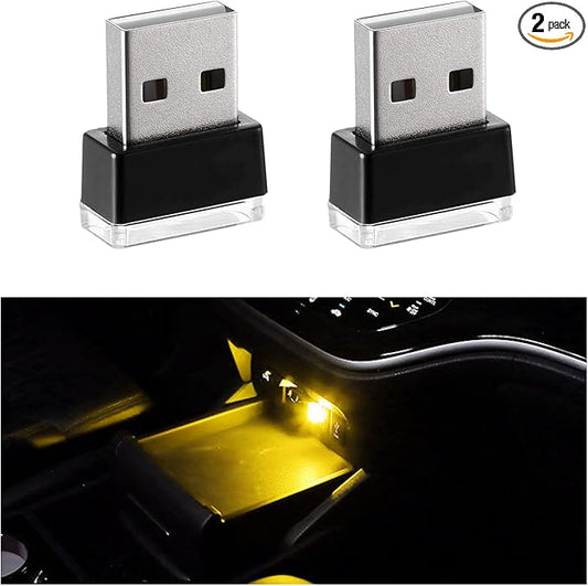 2 PCS USB LED Car Interior Atmosphere Lamp, Portable Mini LED Night Light, Plug-in USB Interface Trunk Ambient Lighting Kit, Universal Interior Car Accessories (Yellow)