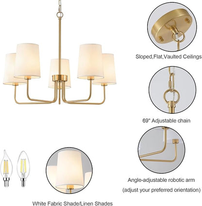 AMZASA Antique Brass Gold Chandelier with Shades, Electroplated Finish, 5 Light Modern Farmhouse Chandeliers with White Fabric Shade, Linear Island Chandelier Lights for Dining Room,Kitchen,Foyer