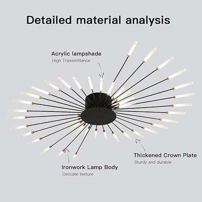 JAYMP 50.4“ Ceiling Light Modern Flower Shape Ceiling Lamp for Living Room Dining Room Flush Mount Metal Acrylic Sputnik Firework Petal LED Lighting Fixture (Matte Black, 42 Lights)
