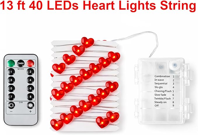 BOHON Valentine Day Decorations 10 ft 40 LEDs Red Heart Shaped Twinkle Fairy String Lights Battery Operated for Kids Bedroom Wedding Indoor Party Valentine's Day Mother's Day Decor with Remote