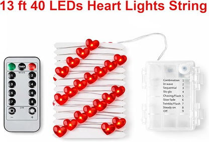 BOHON Valentine Day Decorations 10 ft 40 LEDs Red Heart Shaped Twinkle Fairy String Lights Battery Operated for Kids Bedroom Wedding Indoor Party Valentine's Day Mother's Day Decor with Remote
