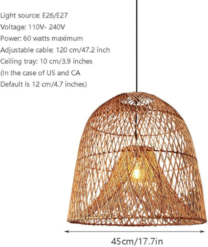 17.7" Large Rattan Pendant Light Kitchen Island Boho Hollow Decor Hanging Lamp Fixture Natural Woven Bell Ceiling Hanging Lamp for Living Room, Bedroom, Dining Room Restaurant