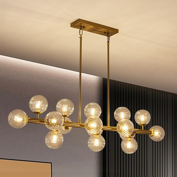 Gold Linear Rectangle Chandelier Modern Chandelier Glass Pendant Light Fixture Adjustable for Dining Living Room Kitchen Island 16-Light