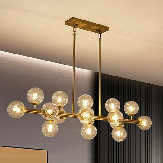 Gold Linear Rectangle Chandelier Modern Chandelier Glass Pendant Light Fixture Adjustable for Dining Living Room Kitchen Island 16-Light