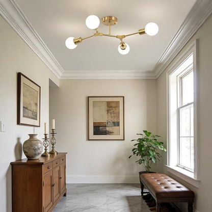Modern Semi Flush Mount Ceiling Light,Mid Century 4 Light Lighting Fixture for Dining Room Bedroom Kitchen Foyer Entryway Hallway Closet,Metal Gold Sputnik Chandelier