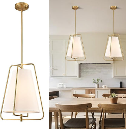 HYDELITE Vintage Gold Pendant Light with White Linen Fabric Adjustable Height Chandelier Brass for Living Room,Dining Room,Kitchen Island,Hallway