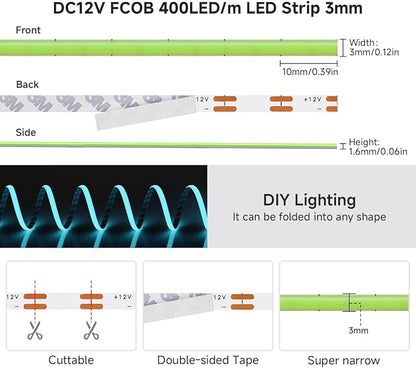 BTF-LIGHTING FCOB COB 3mm Width UL Listed Super Narrow Flexible Uniform LED Strip Light Ice Blue 16.4FT DC12V CRI 90+ Dimmable LED Ribbon for Kitchen Home Indoor Decor(No Adapter or Controller)