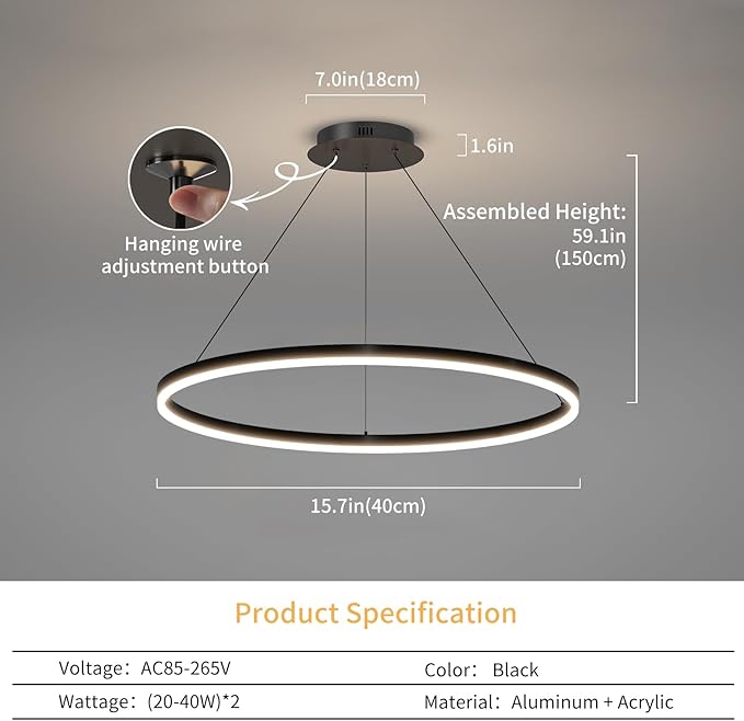 Mikeru Modern Ring Chandelier Light, LED Pendant Light Fixtures with Remote Control 3000k-6500K Adjustable Color Temperature Light for Living Room, Bedroom, Kitchen (15.7in)