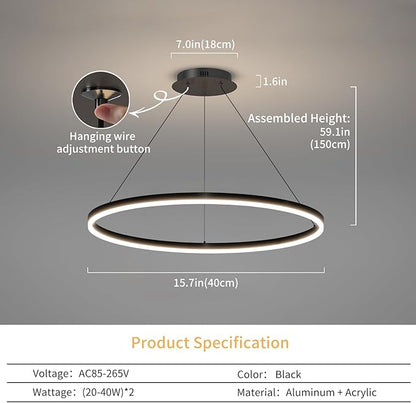 Mikeru Modern Ring Chandelier Light, LED Pendant Light Fixtures with Remote Control 3000k-6500K Adjustable Color Temperature Light for Living Room, Bedroom, Kitchen (15.7in)