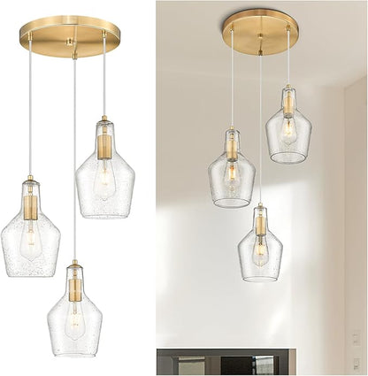Emliviar Brushed Gold Pendant Light, 3-Light Seeded Glass Chandelier, Modern Pendant Lights for Kitchen Island, DYE286G2-3 BG