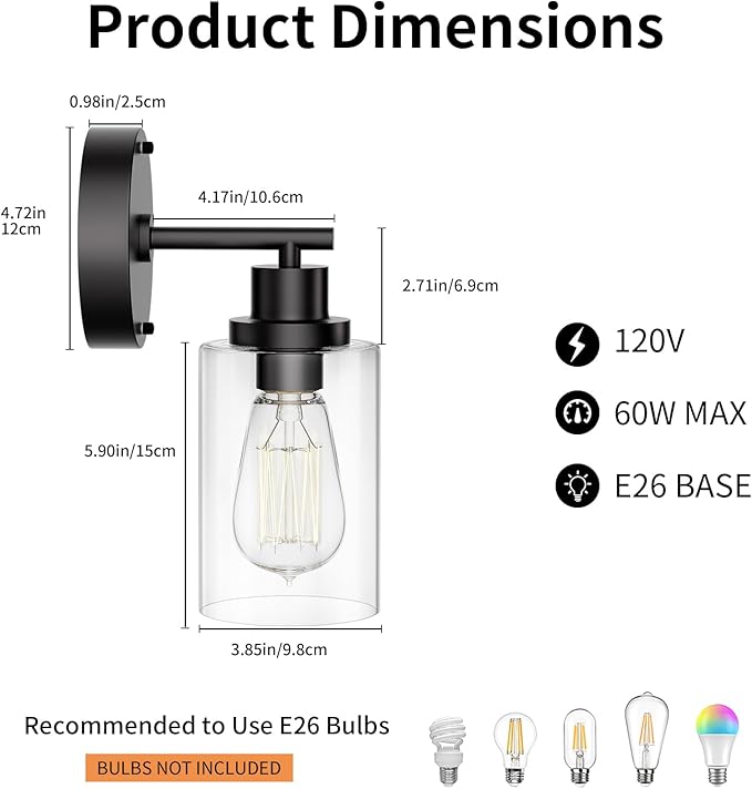 BUTHY Bathroom Wall Sconces Set of Two: Black Vanity Light Fixtures with E26 Base LED Cordless Indoor Wall Mount Lamp for Mirror Bedroom Hallway Stairway Modern Decor Lighting
