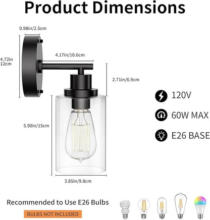 BUTHY Bathroom Wall Sconces Set of Two: Black Vanity Light Fixtures with E26 Base LED Cordless Indoor Wall Mount Lamp for Mirror Bedroom Hallway Stairway Modern Decor Lighting