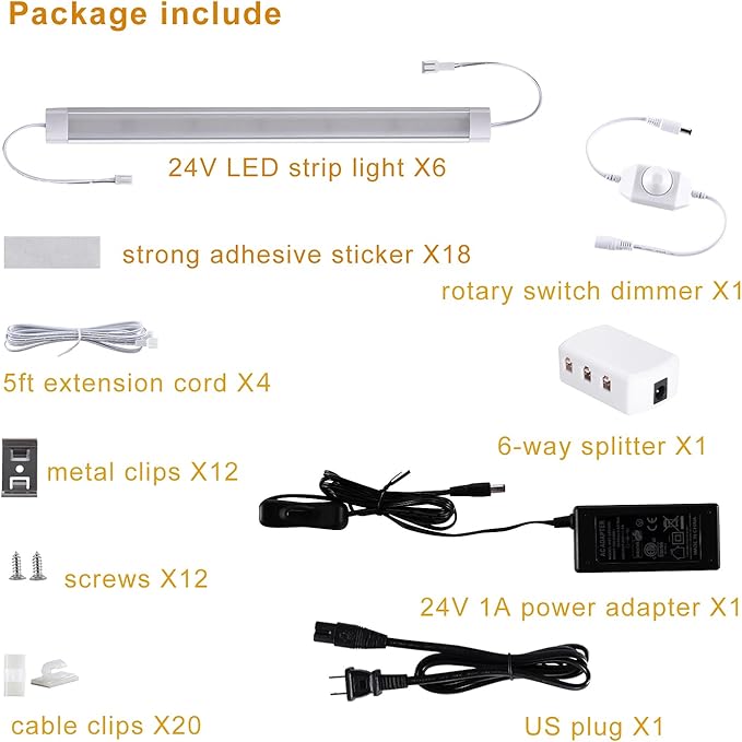 LABOREDUCER Under Cabinet Lighting Plug in Cold White 6000K, 6 Pack 11inch LED Under Cabinet Lights Wired Hardwired Linkable Dimmable with Power Adapter, 24V Under Counter Lights for Kitchen Shelf