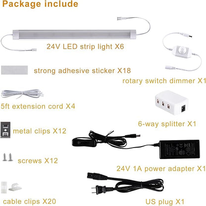 LABOREDUCER LED Under Cabinet Lighting Plug in Warm White 6 Pack,12inches Bar Dimmable Under Cabinet Lights, Under Counter Lights for Kitchen Ultra Slim LED Lights Hardwired Linkable 24V