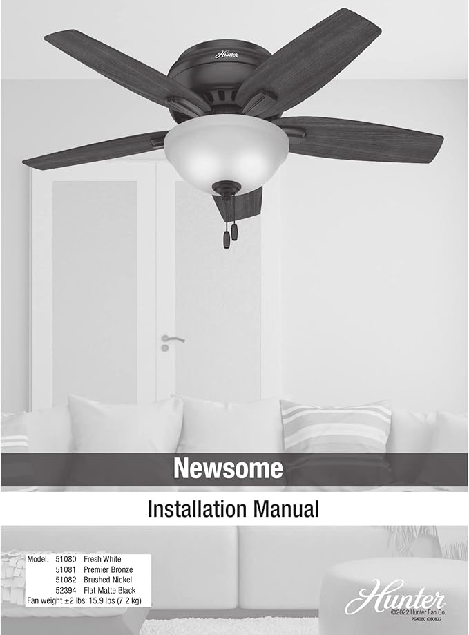 Hunter 42 inch Indoor Ceiling Fan with LED Light - Black Ceiling Fan with Pull Chain, For Bedroom or Living Room, Low Profile Flush Mount, No Remote, 5 Blades - Newsome 52394, Matte Black
