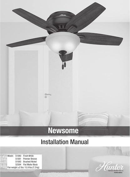 Hunter 42 inch Indoor Ceiling Fan with LED Light - Black Ceiling Fan with Pull Chain, For Bedroom or Living Room, Low Profile Flush Mount, No Remote, 5 Blades - Newsome 52394, Matte Black