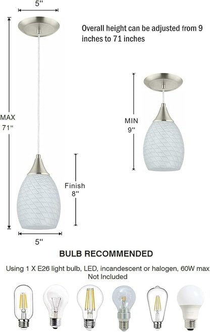 Glassland Pendant Light, 1 Light Kitchen Lighting in Brushed Nickel with White Glass, ETL Listed