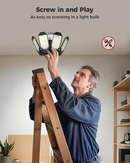 Motion Sensor Garage Lights 2 Pack, 25000LM Motion Sensor Shop Light with 8 Foldable Panels, 6500K Indoor Motion Activated LED Light Bulb for Garage, Workshop, Utility Room