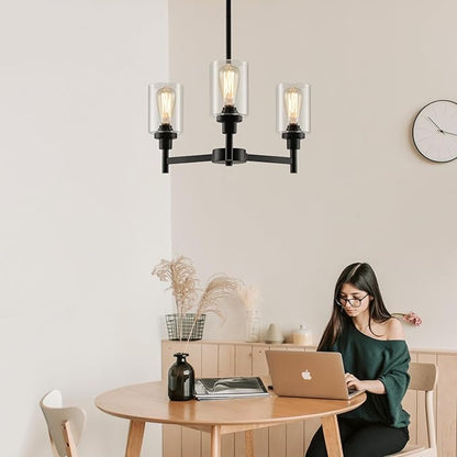 LIGHTDAMY 3 Lights Black Chandeliers for Dining Room Light Fixture Over Table, Entryway Chandelier for Foyer, Hallway Lighting Fixtures with Glass Shade for Dining Room Kitchen Island Foyer Hallway