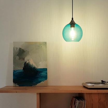 Blue Teardrop Glass Pendant Light Raindrop Bubble Shade Plug in Dimmable Hanging Fixture 16.4 Ft Cord E26 Base for Bedroom Office Coastal Spa Like Atmosphere （Bulb not Included）