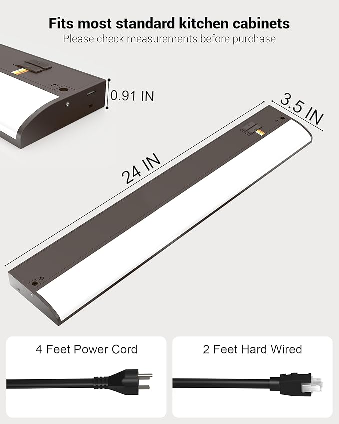 24 Inch LED Under Cabinet Light, Plug in Kitchen Lighting, 3CCT Selectable (3000K/4000K/5000K), CRI94 High Color Accuracy, Linkable, Slim Design Dimmable, Brown