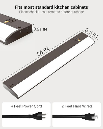 24 Inch LED Under Cabinet Light, Plug in Kitchen Lighting, 3CCT Selectable (3000K/4000K/5000K), CRI94 High Color Accuracy, Linkable, Slim Design Dimmable, Brown