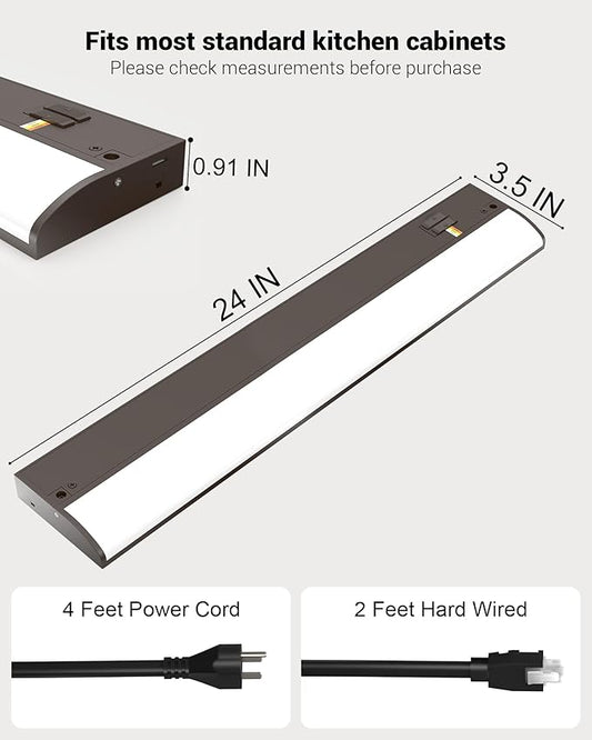 24 Inch LED Under Cabinet Light, Plug in Kitchen Lighting, 3CCT Selectable (3000K/4000K/5000K), CRI94 High Color Accuracy, Linkable, Slim Design Dimmable, Brown