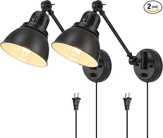 GOODATE Plug in Wall Sconces Set of 2, ENCOMLI Wall Sconce Lighting with Dimmable On Off Switch, Swing Arm Wall Lamp, Black Metal Industrial Wall Light Fixtures, Safety E26 Base, 6FT Plug in Cord