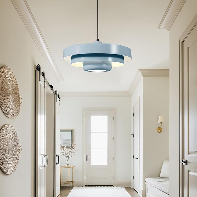 Minimalist Scandinavian Light Blue Pendant Light, 17.7" Large Adjustable Mid Century Hanging Light for Kitchen Island Dining Room Modern Apartment Pantry