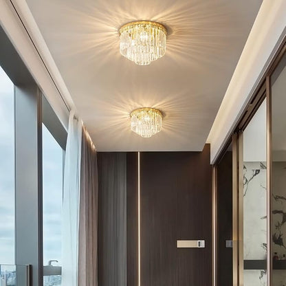 Modern French Gold Crystal Chandelier Ceiling Light,16" Semi Flush Mount 5-Lights 3-Tier Crystal Round Chandelier Light for Bedroom Living Room