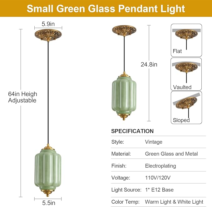 Green Glass Pendant Light, 5.5in Small Schoolhouse Light Fixture, LED Bulb Included, Vintage Art Deco Chandelier for Kitchen Island Dining Room Bedroom Hallway, Green & Antique Gold 1 Pack