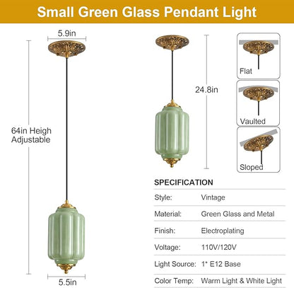 Green Glass Pendant Light, 5.5in Small Schoolhouse Light Fixture, LED Bulb Included, Vintage Art Deco Chandelier for Kitchen Island Dining Room Bedroom Hallway, Green & Antique Gold 1 Pack