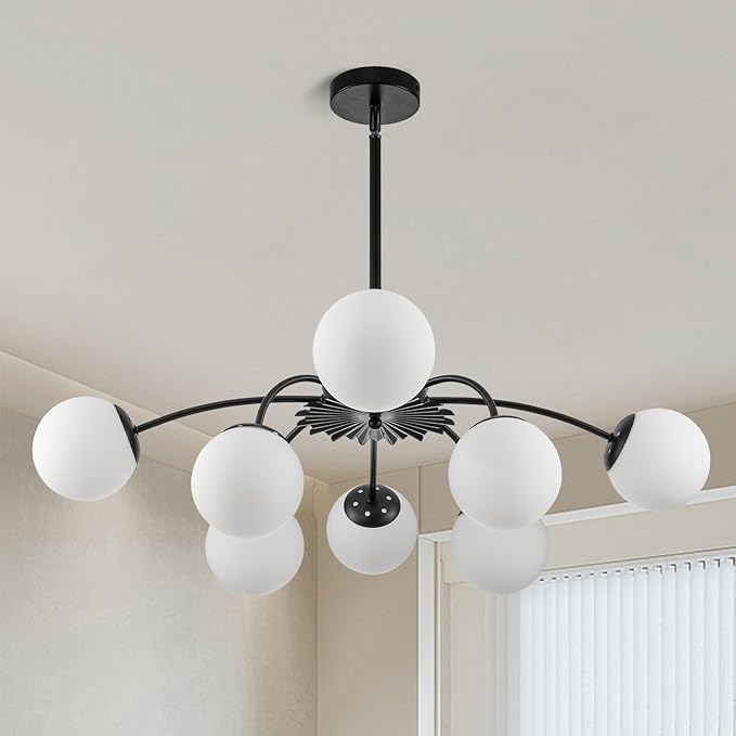 Longree 8-Light Black and White Sputnik Chandeliers with Milk Glass Pendant Light Fixture, with Blossom Accent Mid Century Frosted Glass Bubble Ceiling Lighting for Dining Entry Living Room